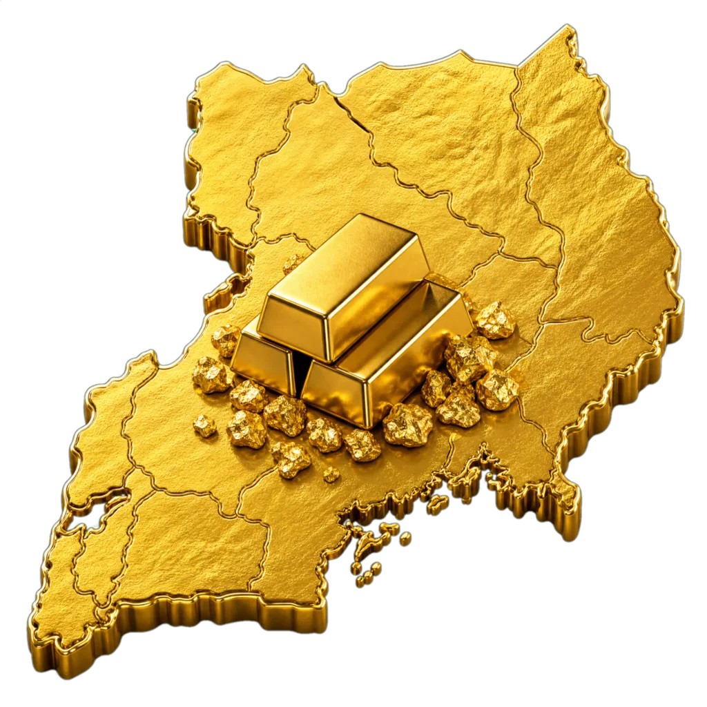 Gold map of Uganda with gold bars and nuggets